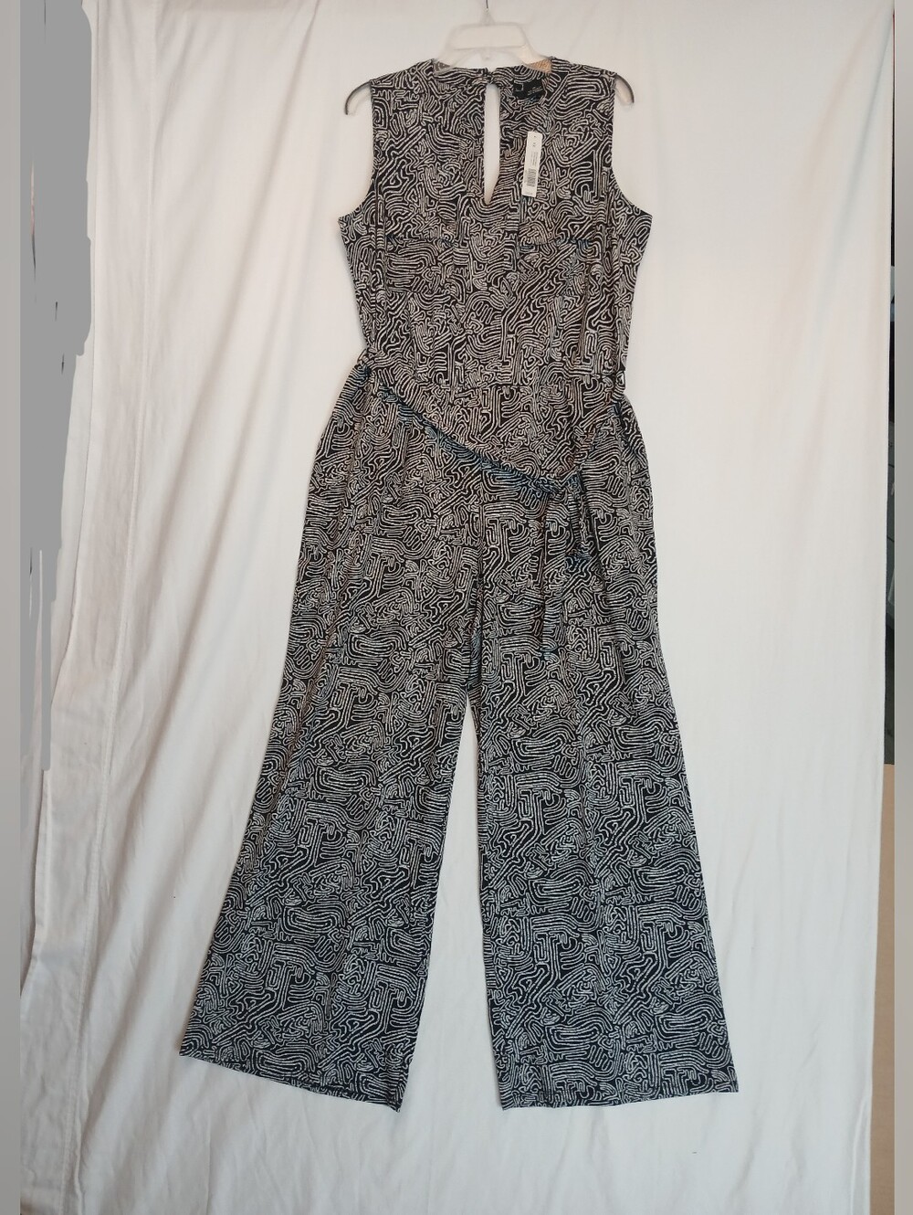 Black & White Abstract Print Belted V Neck Sleeveless Jumpsuit 1X New!